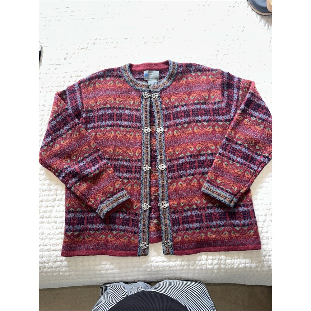 Vintage 90s Squaw Valley Wool Nordic Cardigan Sweater Womens L Button Up Ski